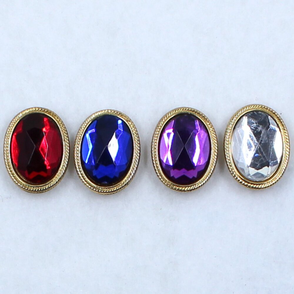 Four Oval Faceted Button Covers - Gold Tone Base - 1 Ea Red, Blue, Purple Clear
